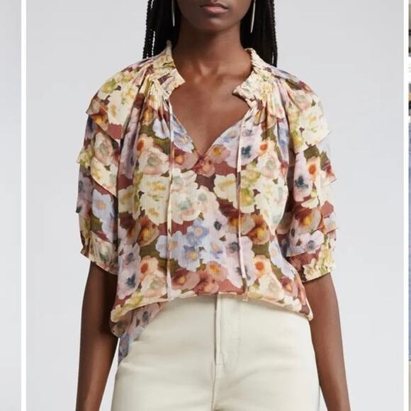 Rails Paris Floral Split Neck Top Small Multicolor Ruffle Sleeve Crinkle Blouse - Picture 2 of 11